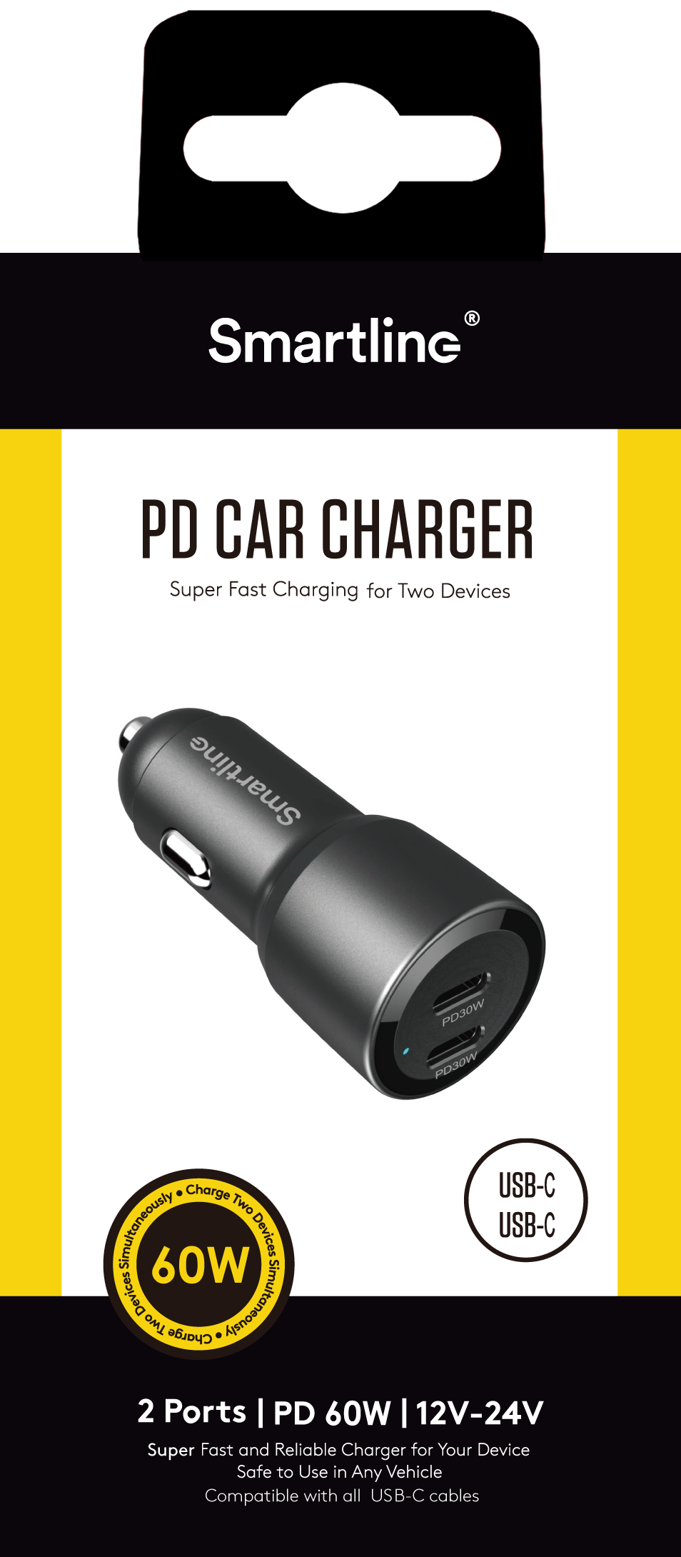 Cargador de coche USB-C x2 60W PD, negro