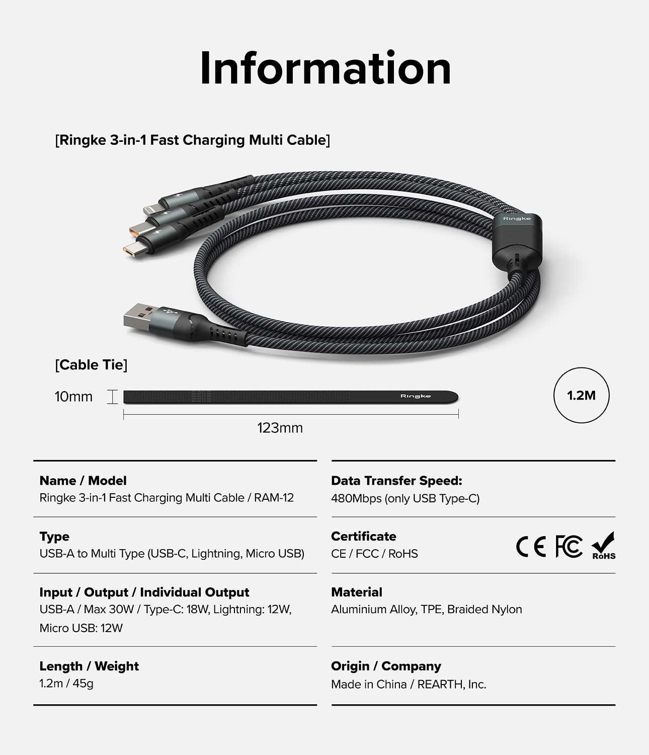 3-in-1 Fast Charging Cable múltiple, negro