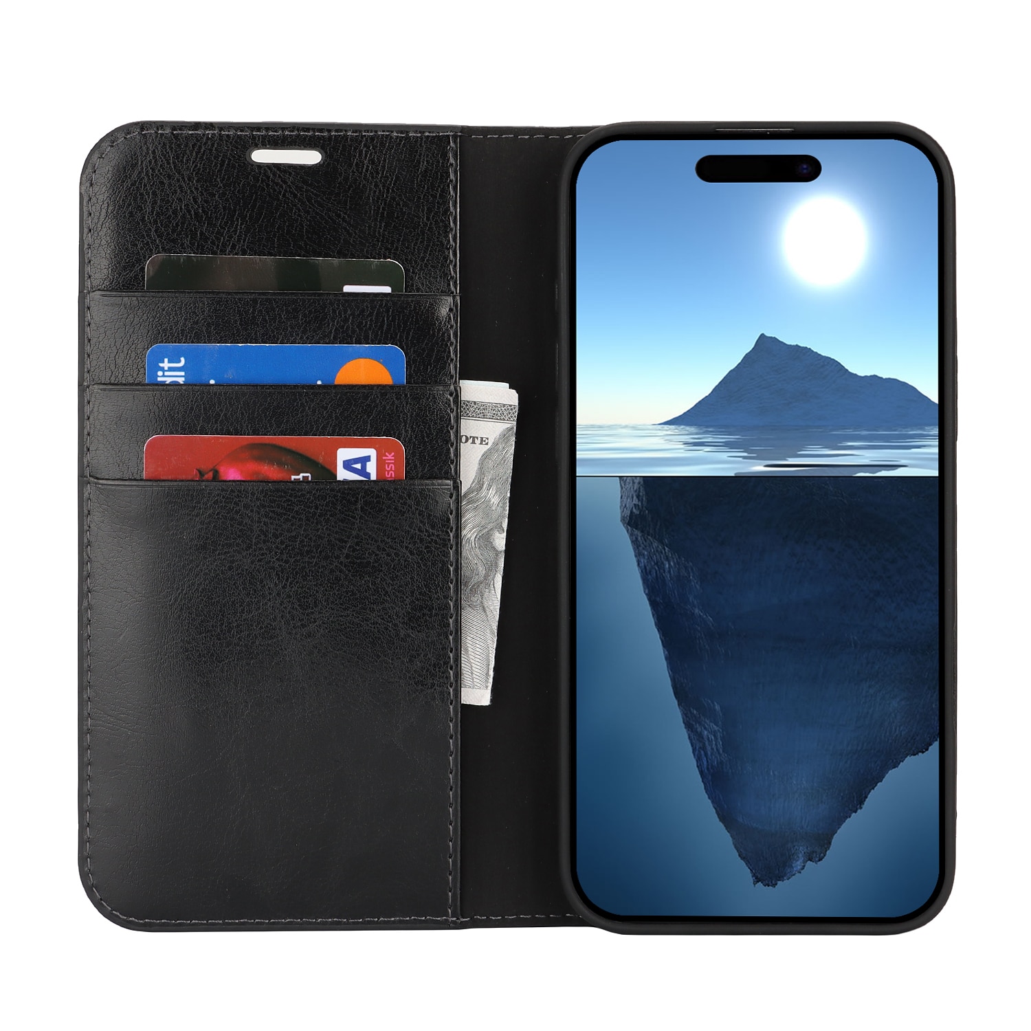 Funda cartera de cuero genuino iPhone 16 Plus negro