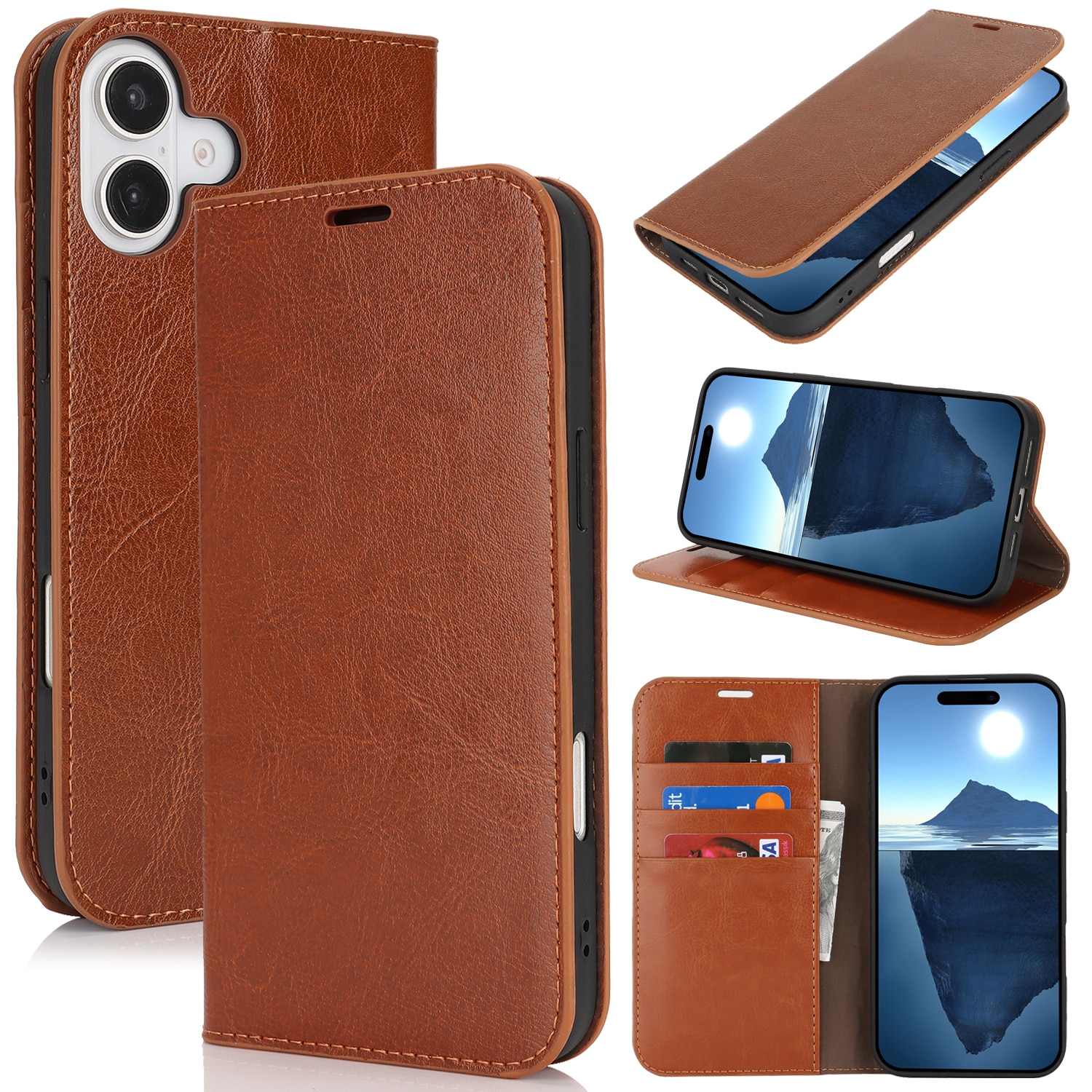 Funda cartera de cuero genuino iPhone 16 Plus marrón