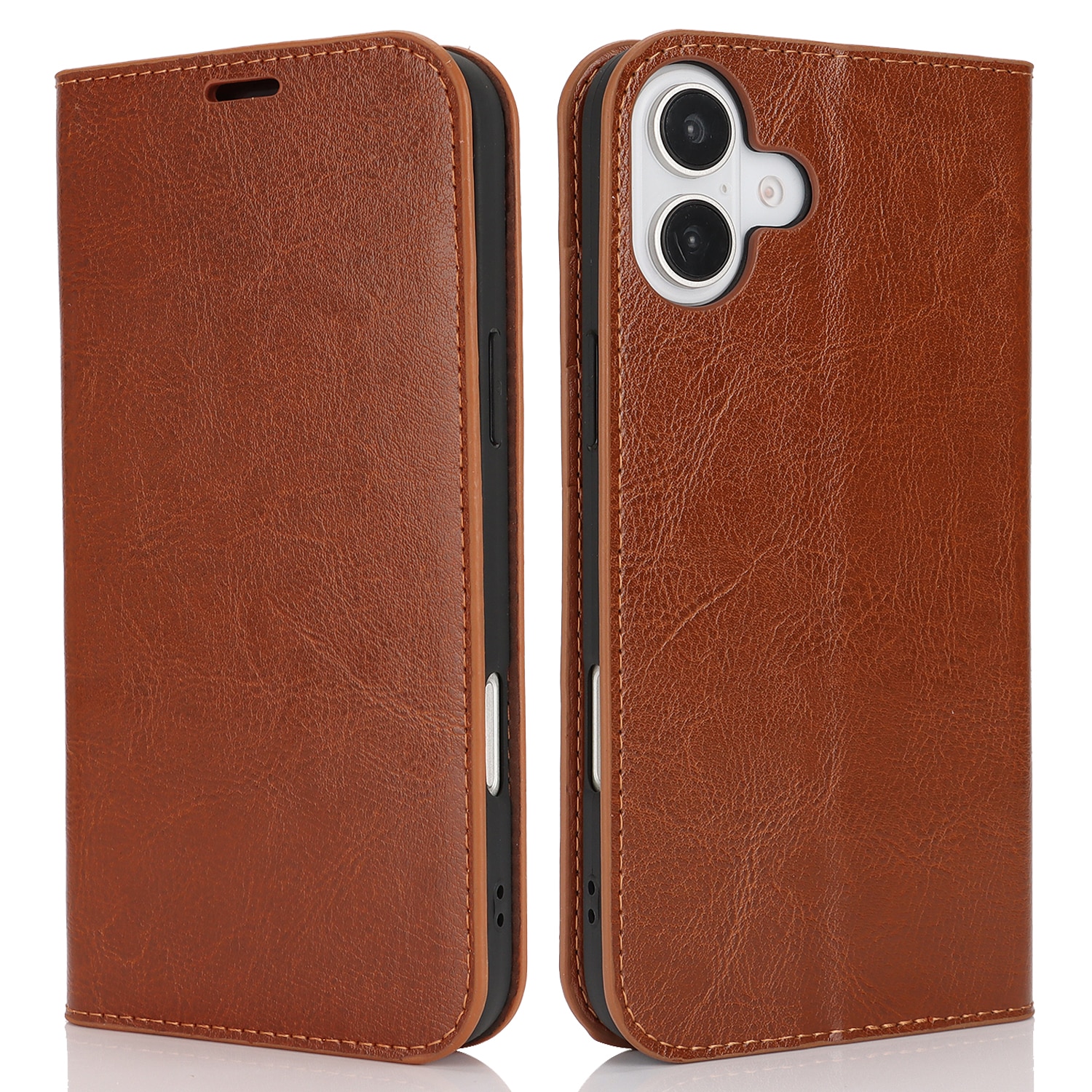 Funda cartera de cuero genuino iPhone 16 Plus marrón