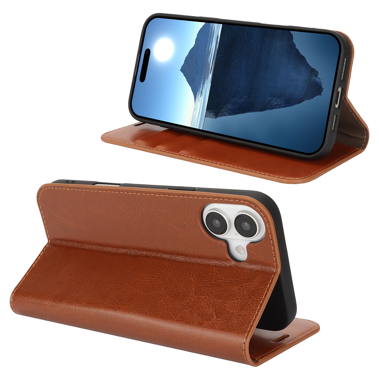 Funda cartera de cuero genuino iPhone 16 Plus marrón