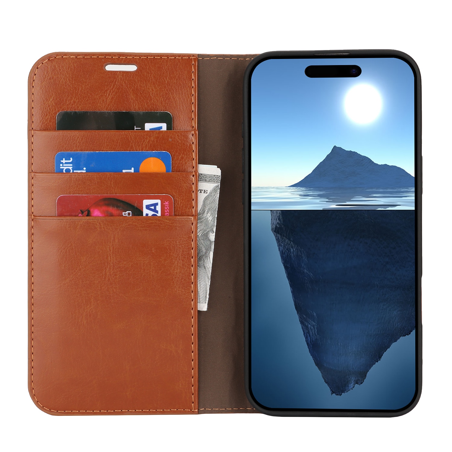 Funda cartera de cuero genuino iPhone 16 Plus marrón