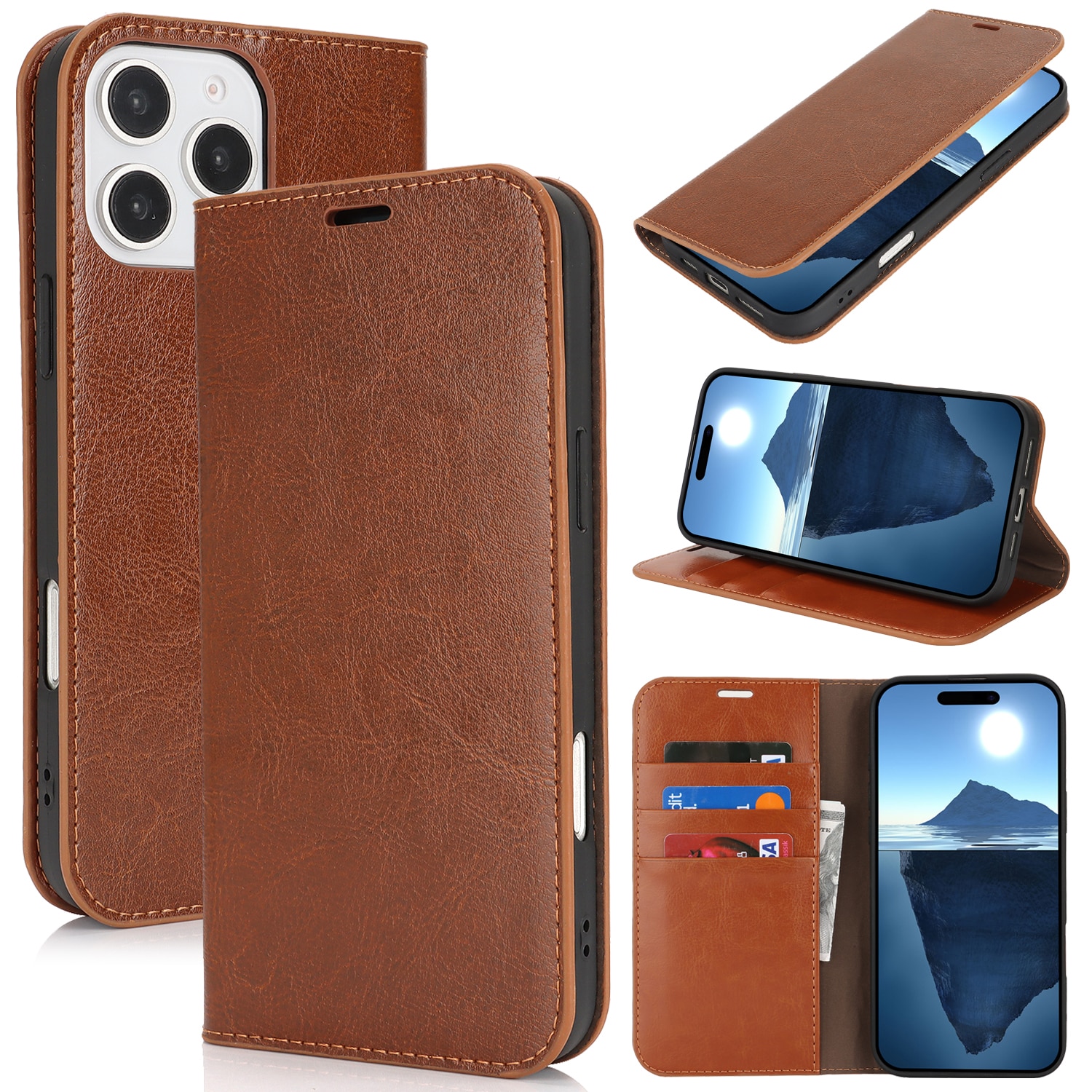 Funda cartera de cuero genuino iPhone 16 Pro Max marrón