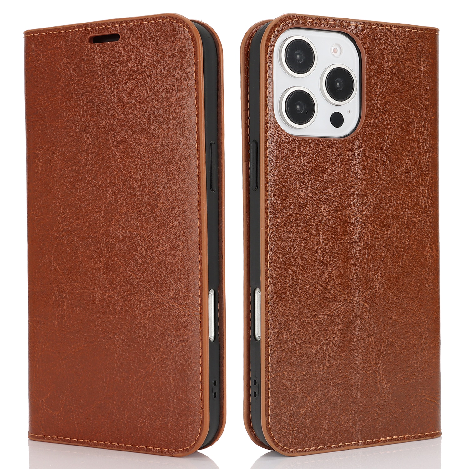 Funda cartera de cuero genuino iPhone 16 Pro Max marrón