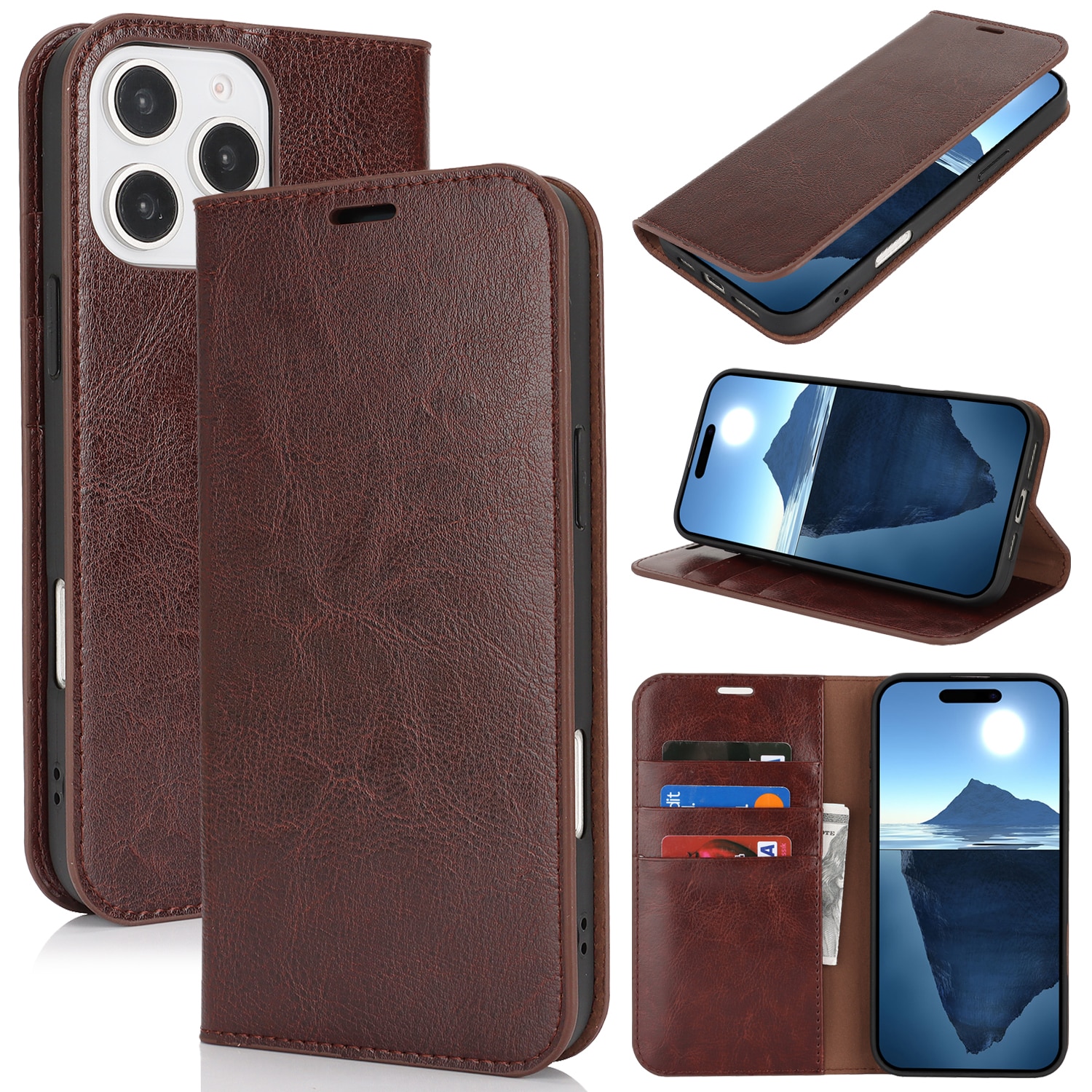 Funda cartera de cuero genuino iPhone 16 Pro Max marrón oscuro