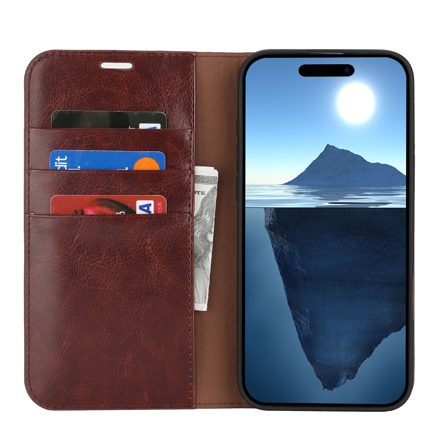 Funda cartera de cuero genuino iPhone 16 Pro marrón oscuro