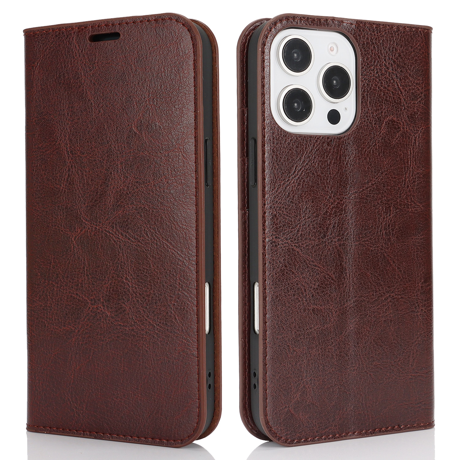 Funda cartera de cuero genuino iPhone 16 Pro marrón oscuro