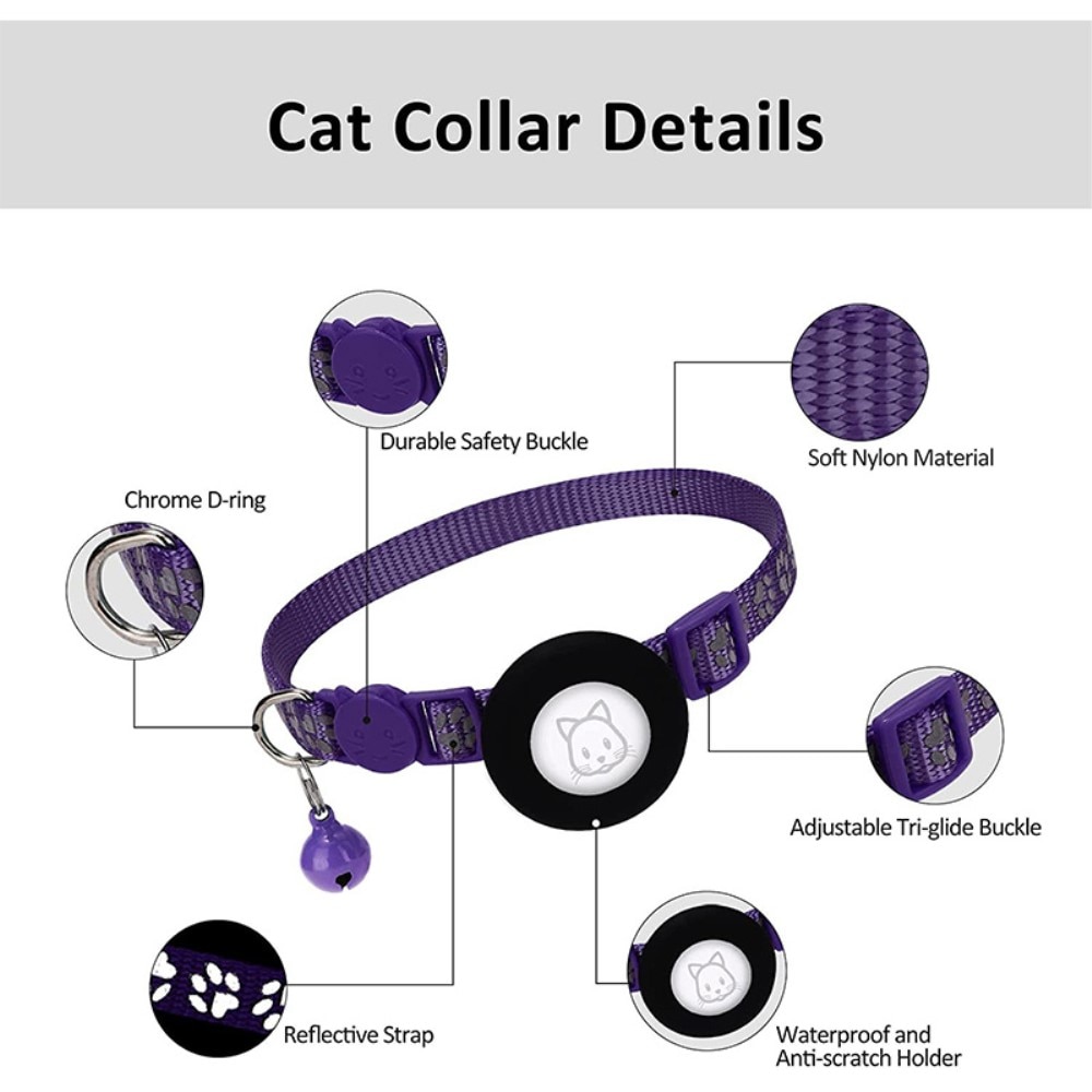 Collar para gatos Apple AirTag con huella de pata reflectante, violeta