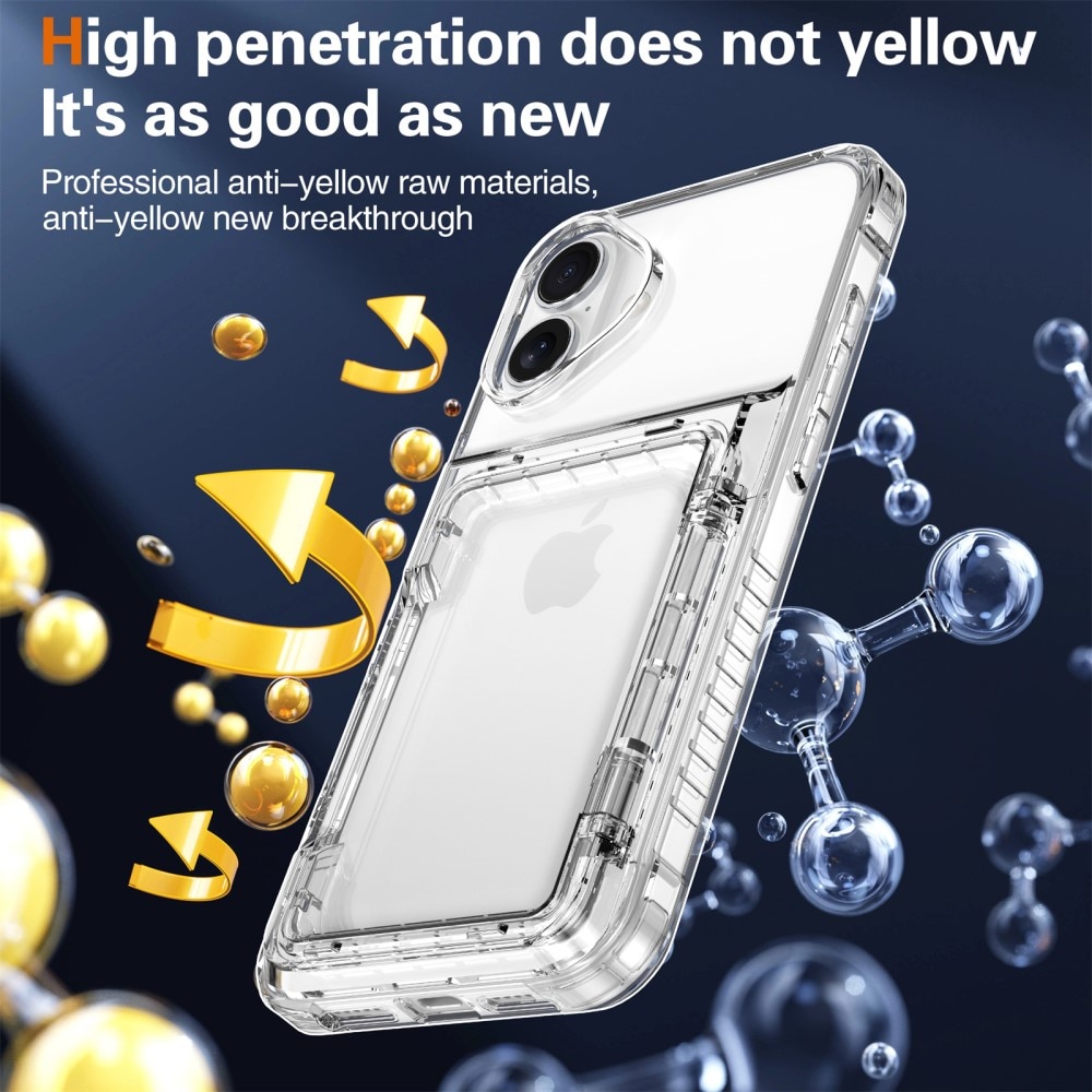 Funda híbrida Kickstand con ranuras para tarjetas iPhone 16 Plus transparente