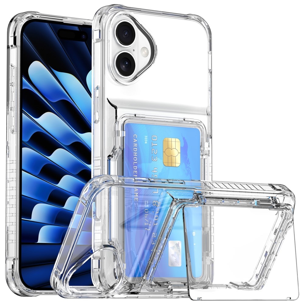 Funda híbrida Kickstand con ranuras para tarjetas iPhone 16 Plus transparente