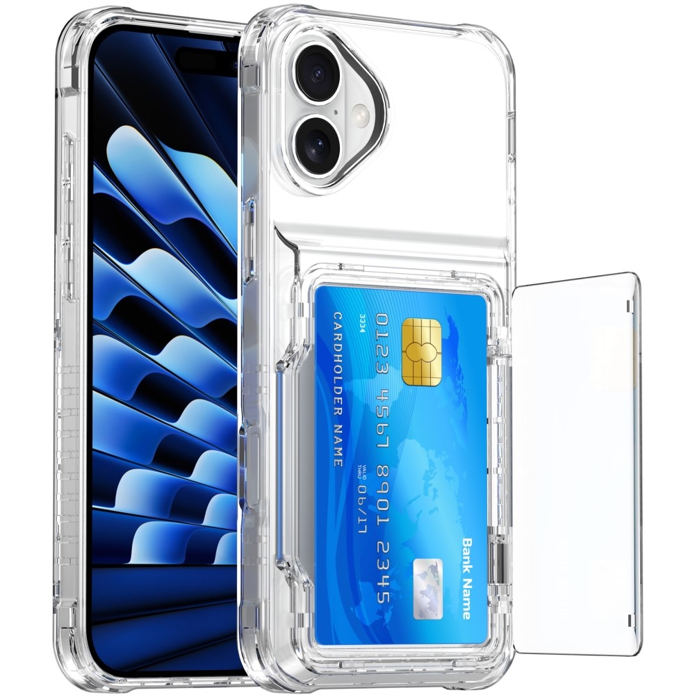 Funda híbrida Kickstand con ranuras para tarjetas iPhone 16 Plus transparente