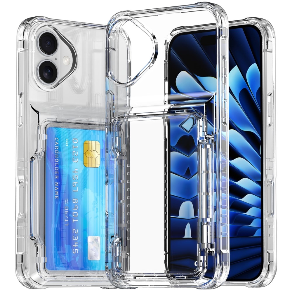 Funda híbrida Kickstand con ranuras para tarjetas iPhone 16 Plus transparente