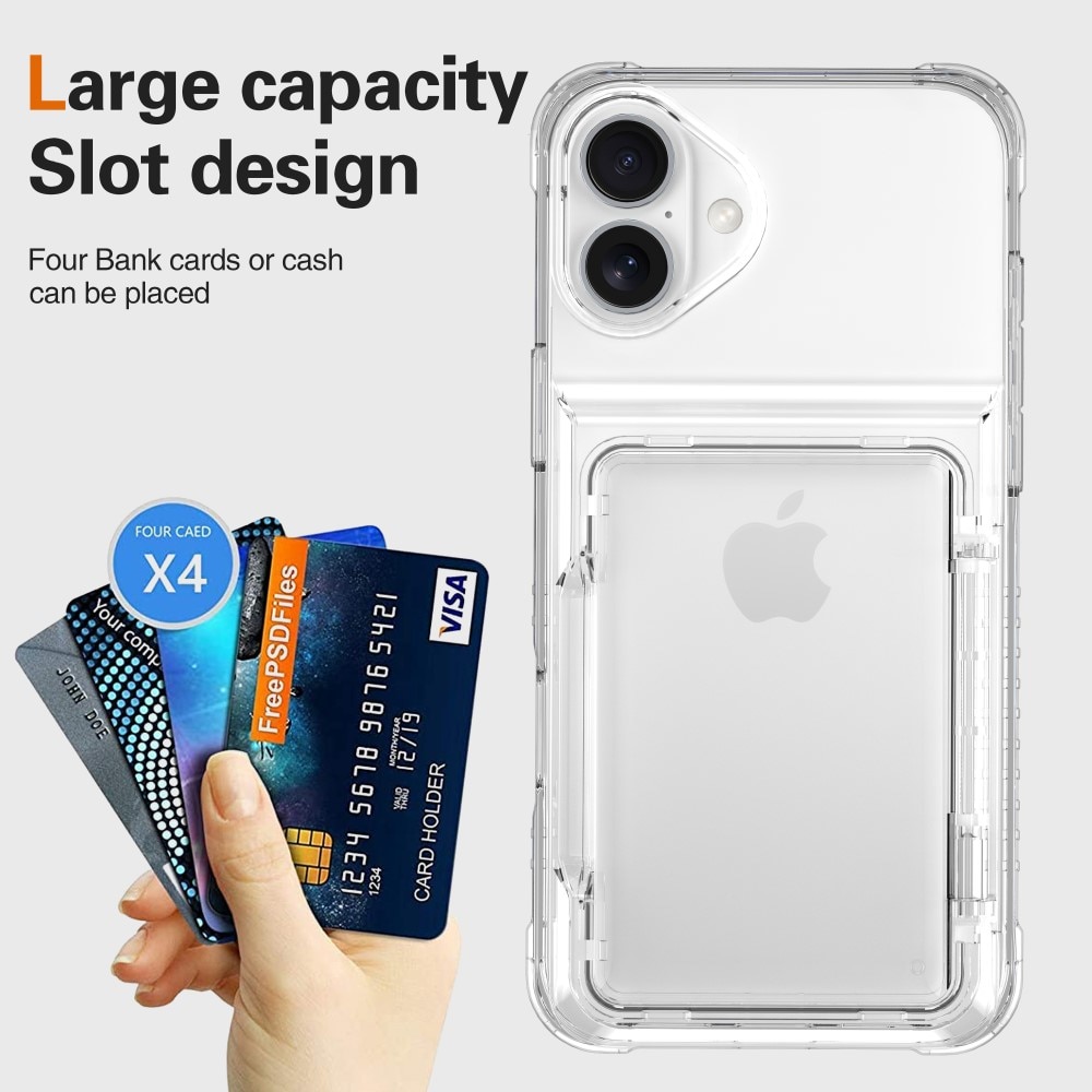 Funda híbrida Kickstand con ranuras para tarjetas iPhone 16 Plus transparente