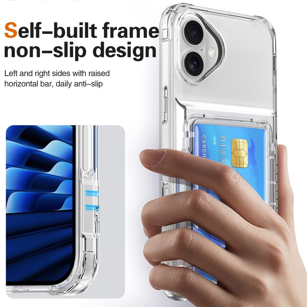 Funda híbrida Kickstand con ranuras para tarjetas iPhone 16 Plus transparente