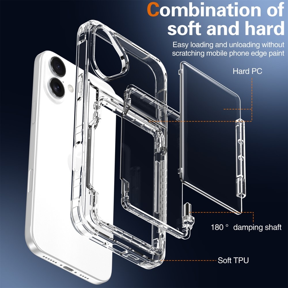 Funda híbrida Kickstand con ranuras para tarjetas iPhone 16 Plus transparente