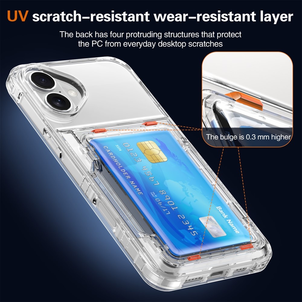 Funda híbrida Kickstand con ranuras para tarjetas iPhone 16 Plus transparente