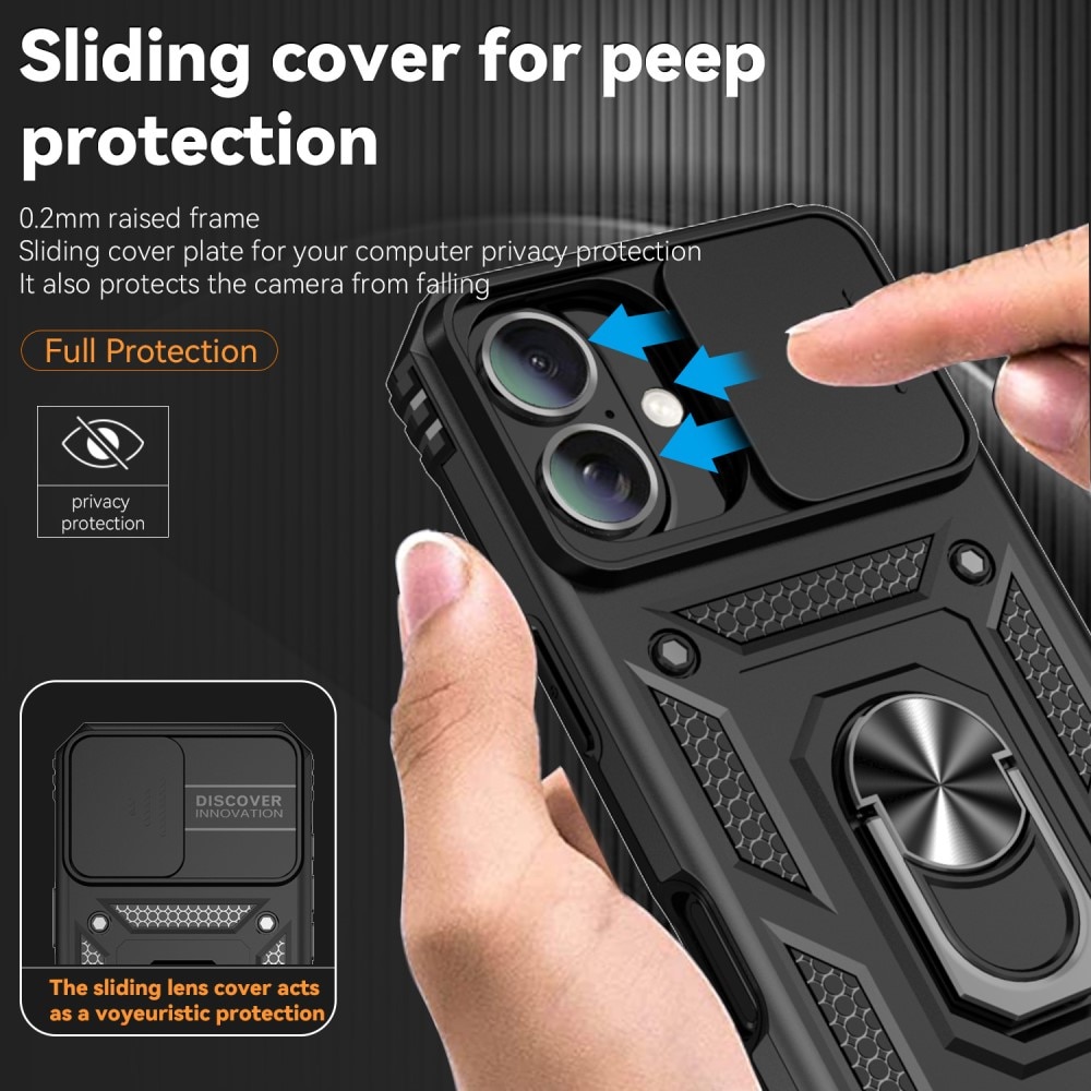 Funda híbrida Ring y Protector Cámara iPhone 16 Plus Negro