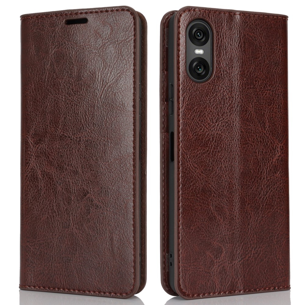 Funda cartera de cuero genuino Sony Xperia 10 VI marrón oscuro