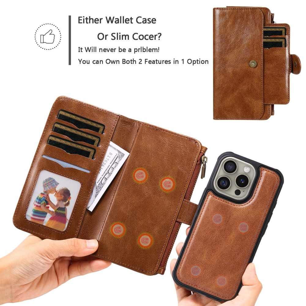 Magnet Leather Multi Wallet iPhone 16 Pro marrón