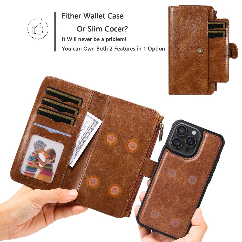 Magnet Leather Multi Wallet iPhone 16 Pro Max marrón