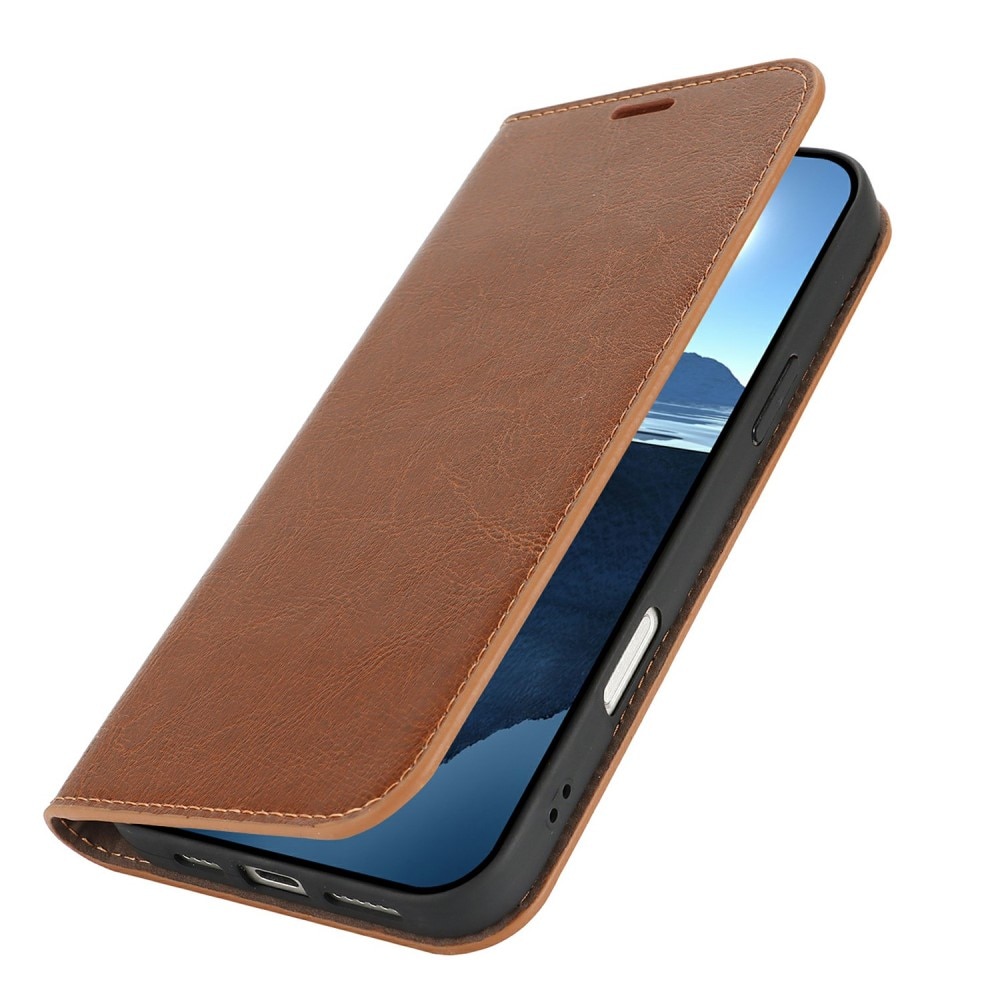 Funda cartera de cuero genuino iPhone 16 Plus marrón