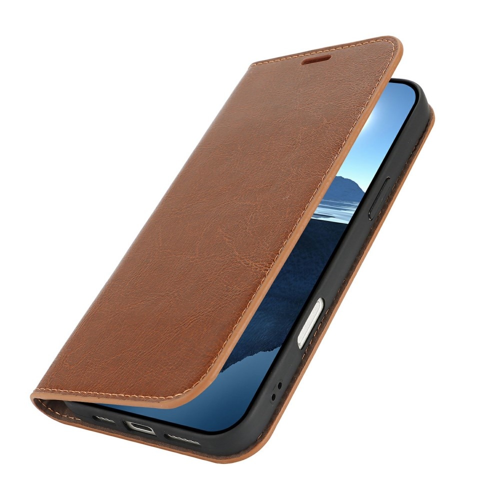 Funda cartera de cuero genuino iPhone 16 Pro Max marrón