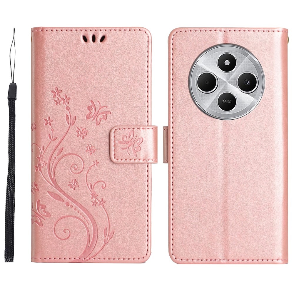 Funda de Cuero con Mariposas Xiaomi Redmi 14C, oro rosado