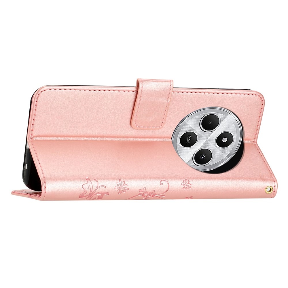 Funda de Cuero con Mariposas Xiaomi Redmi 14C, oro rosado