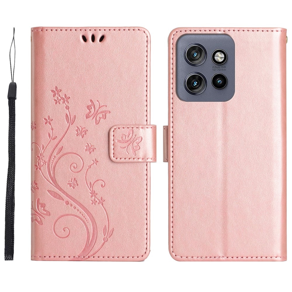 Funda de Cuero con Mariposas Motorola ThinkPhone 25, oro rosado