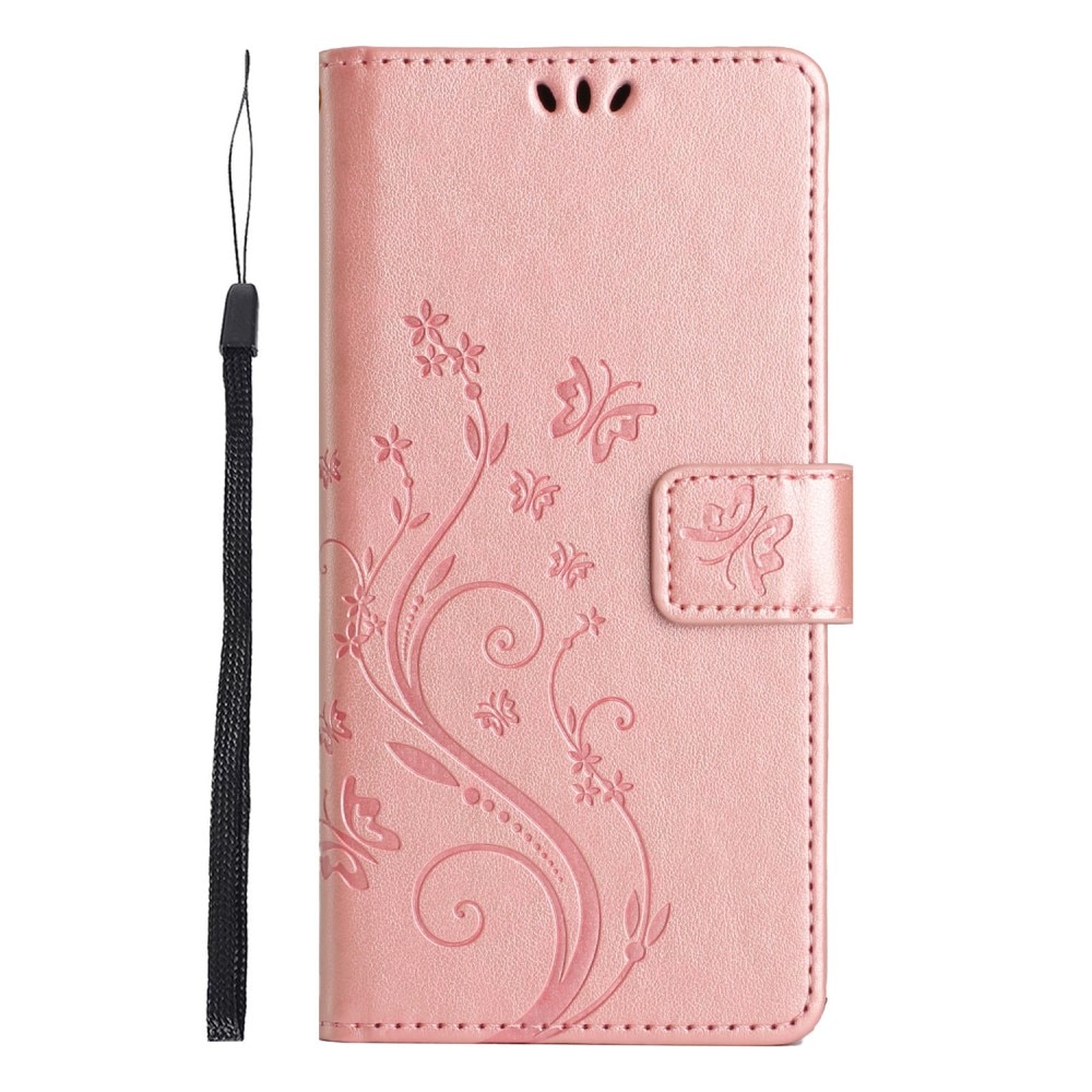 Funda de Cuero con Mariposas Motorola Edge 50 Neo, oro rosado