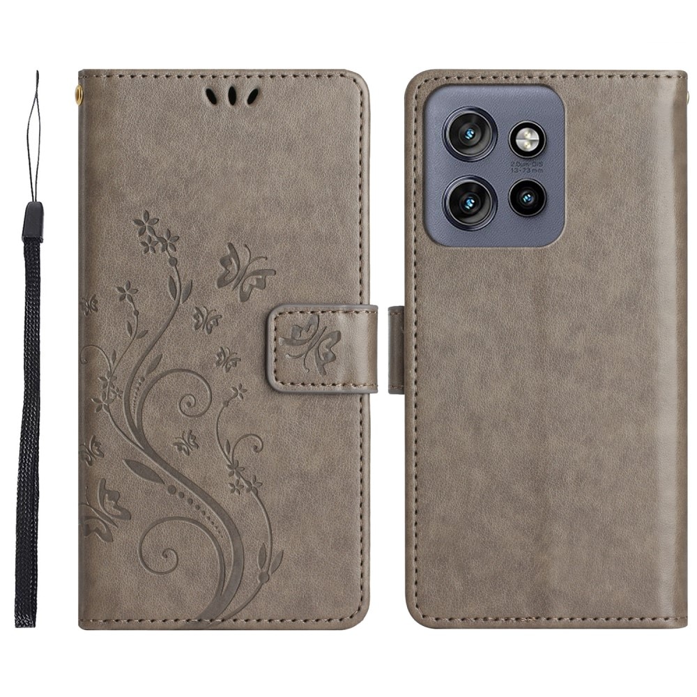 Funda de Cuero con Mariposas Motorola Edge 50 Neo, gris