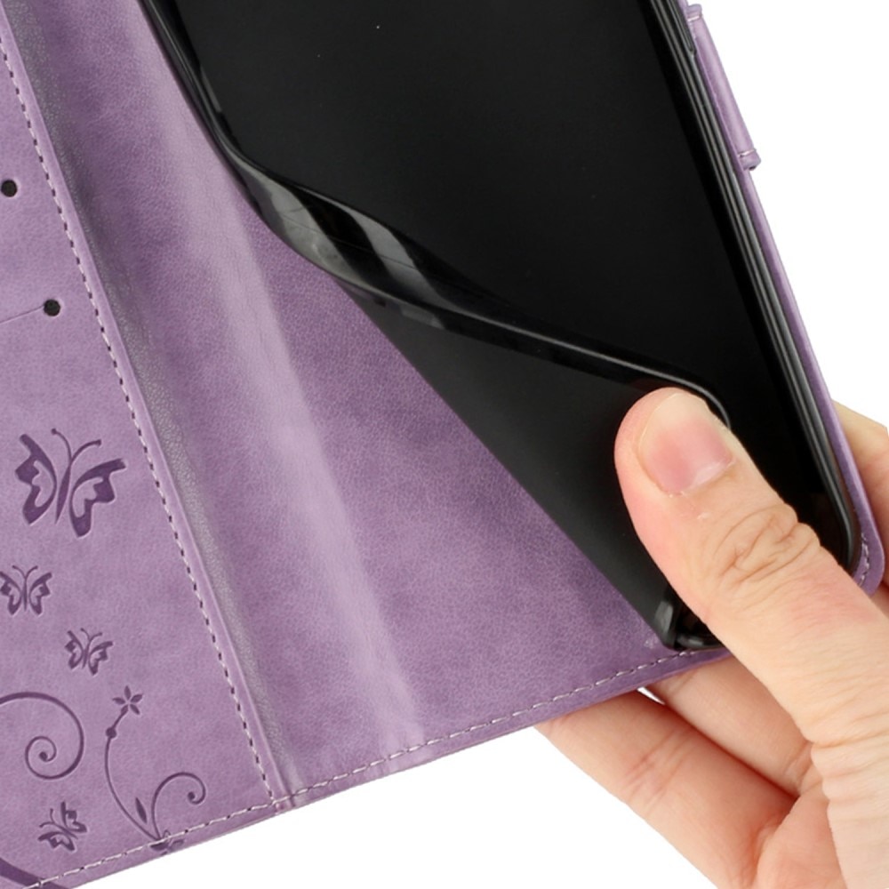 Funda de Cuero con Mariposas Motorola Edge 50 Neo, violeta