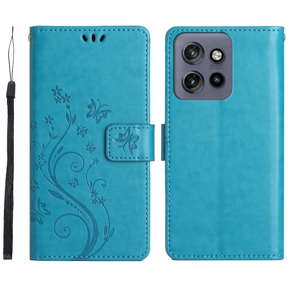 Funda de Cuero con Mariposas Motorola Edge 50 Neo, azul