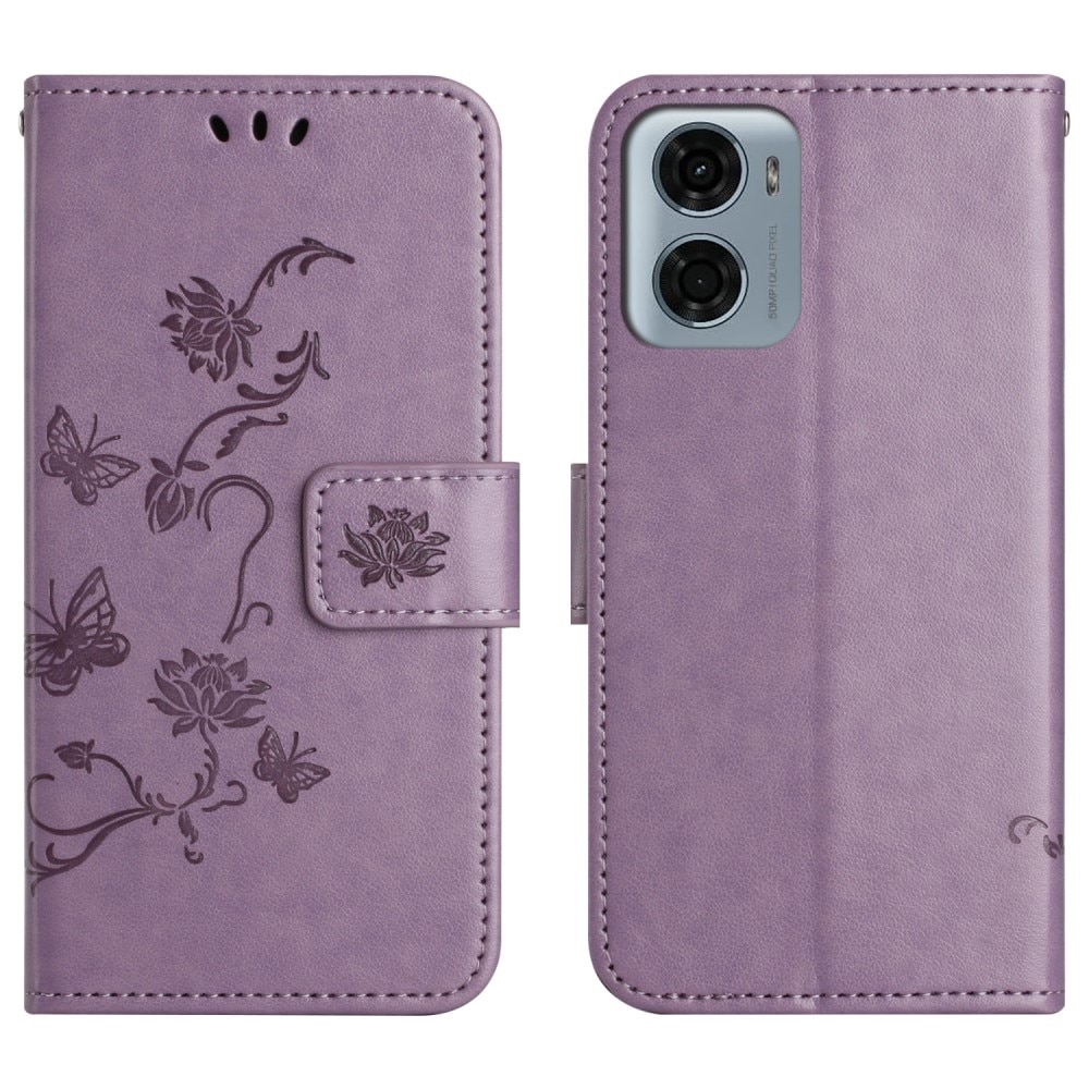 Funda de Cuero con Mariposas Motorola Moto E15, violeta