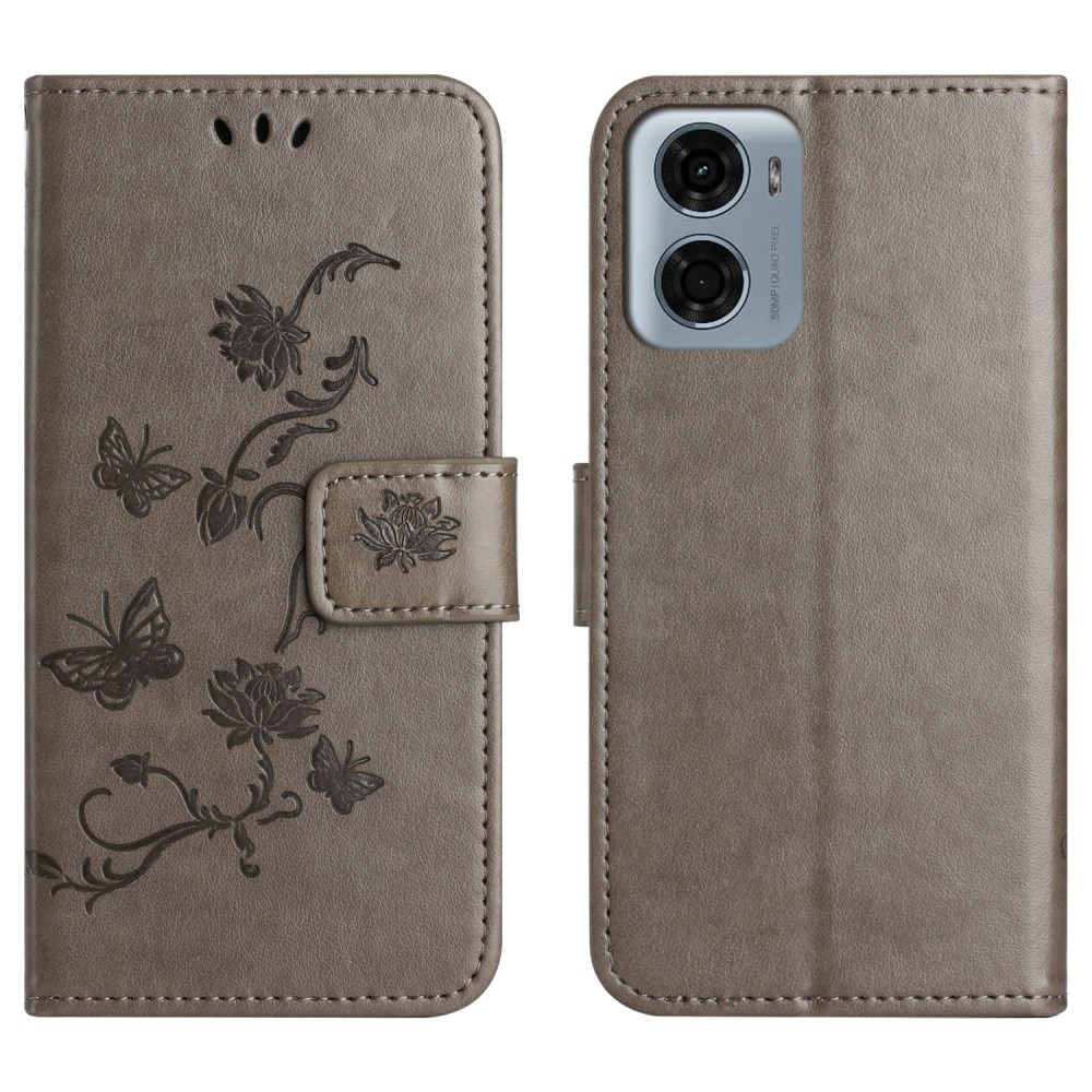 Funda de Cuero con Mariposas Motorola Moto E15, gris