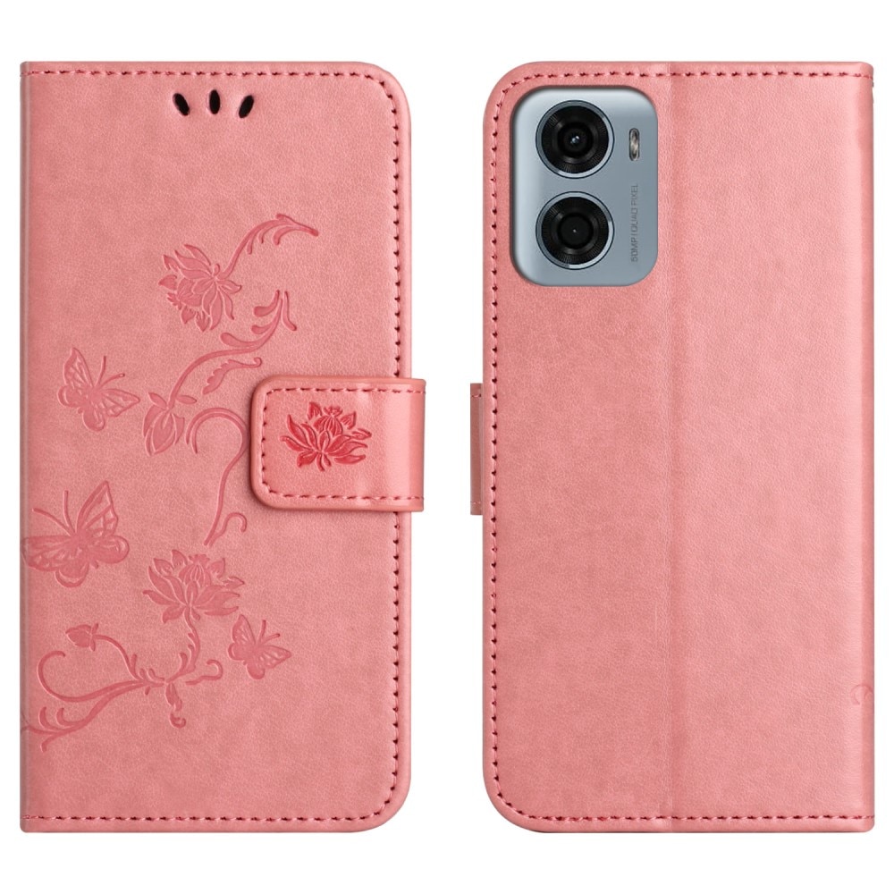 Funda de Cuero con Mariposas Motorola Moto E15, rosado