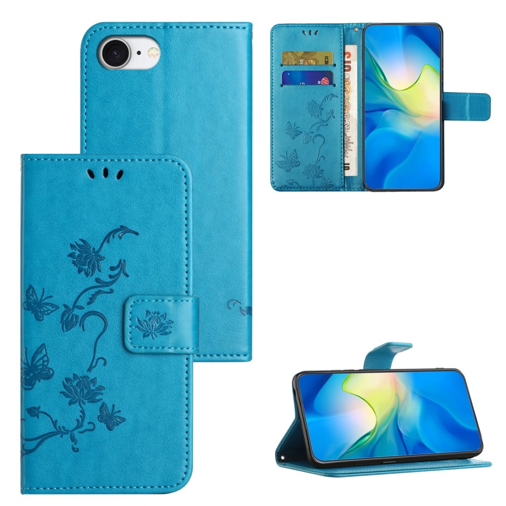 Funda de Cuero con Mariposas iPhone 16e, Azul