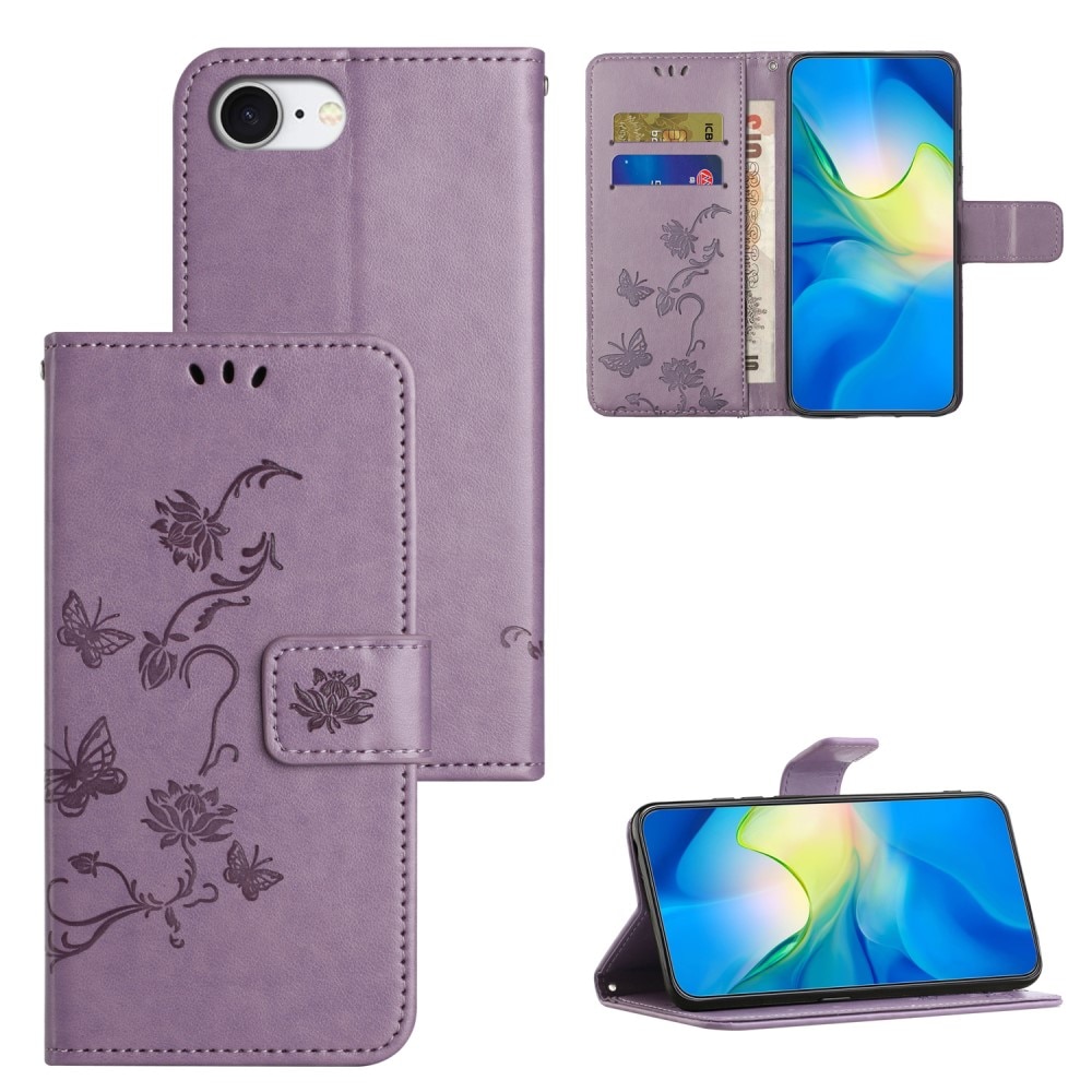 Funda de Cuero con Mariposas iPhone 16e, Púrpura