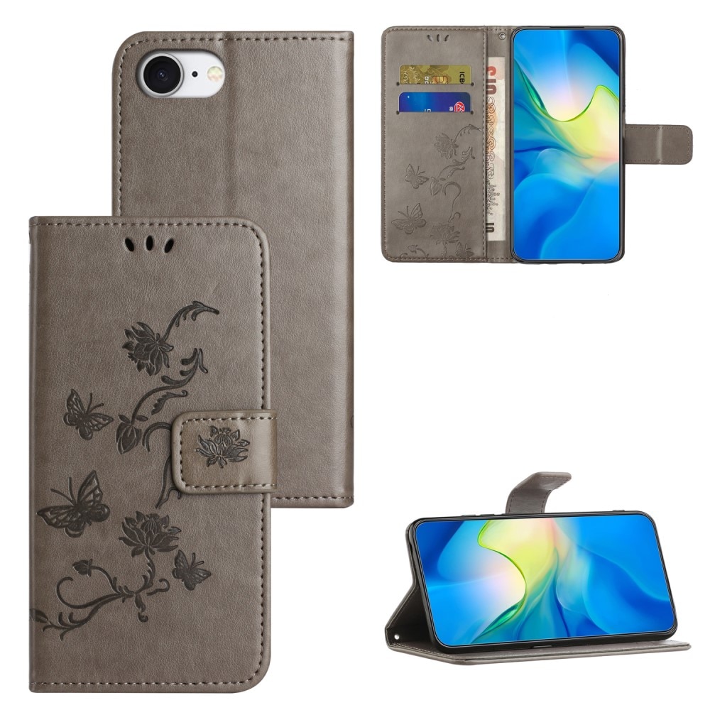 Funda de Cuero con Mariposas iPhone 16e, Gris