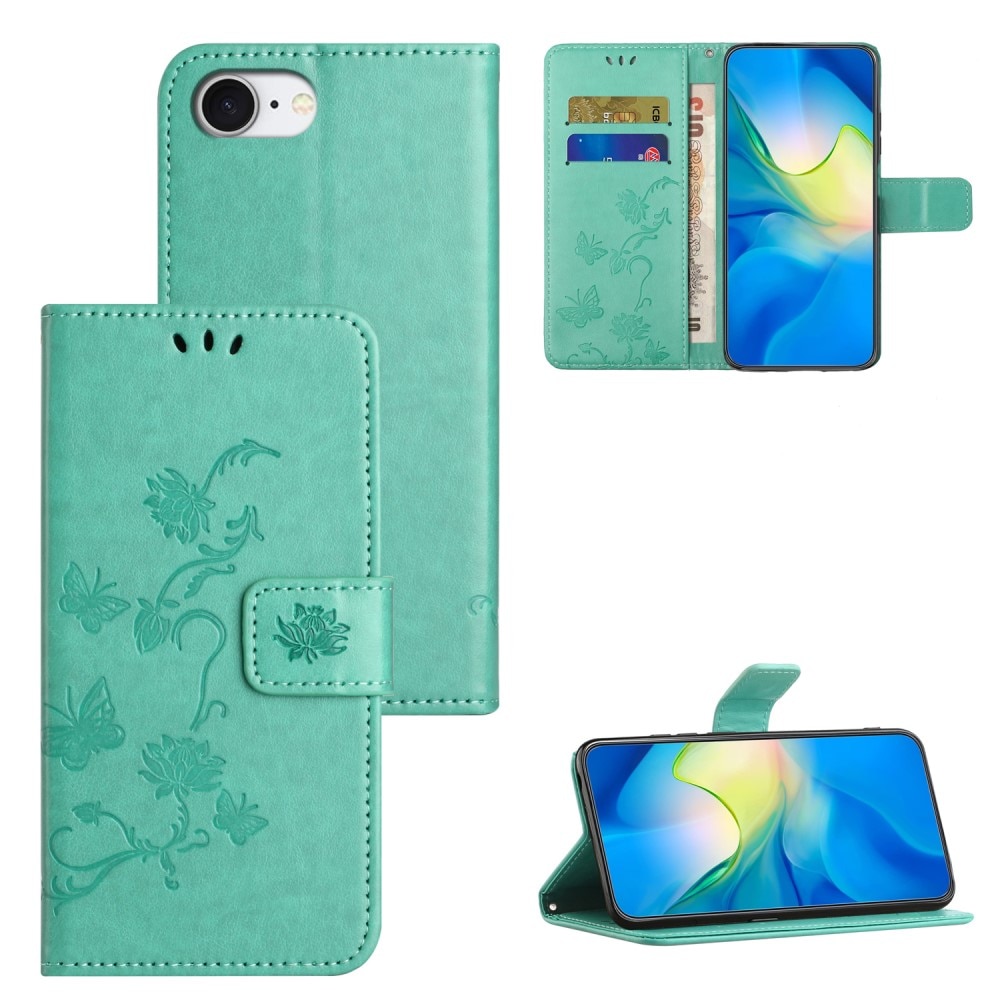 Funda de Cuero con Mariposas iPhone 16e, Verde