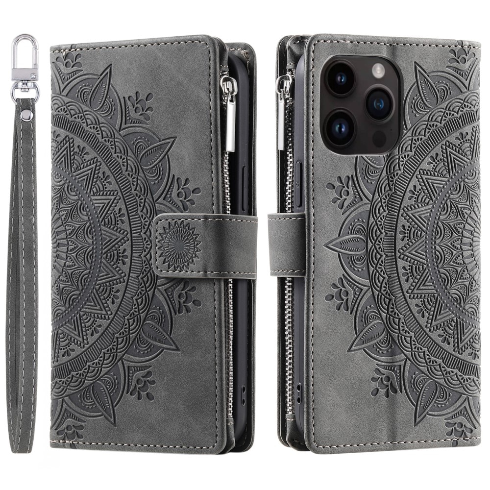 Funda Mandala tipo billetera iPhone 15 Pro, gris