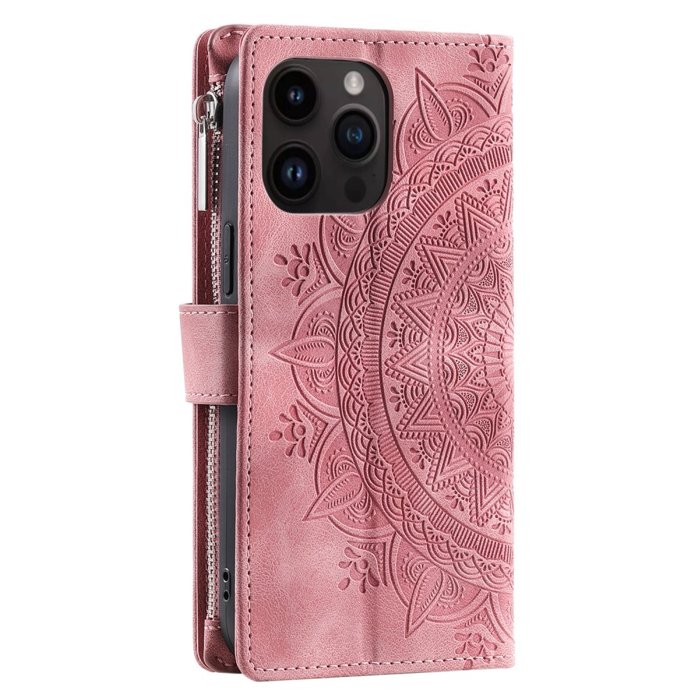 Funda Mandala tipo billetera iPhone 15 Pro, rosado