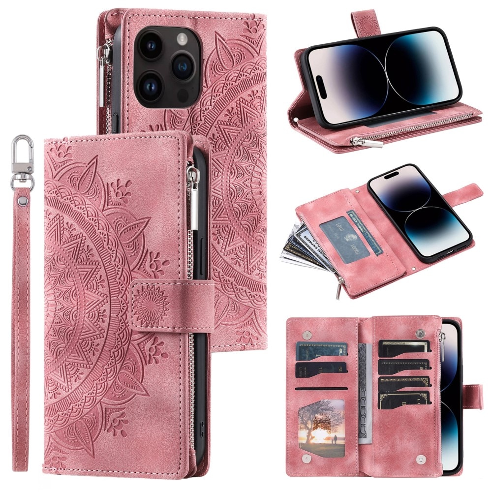 Funda Mandala tipo billetera iPhone 15 Pro, rosado