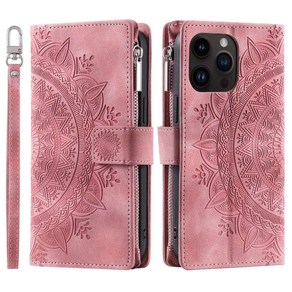 Funda Mandala tipo billetera iPhone 15 Pro, rosado