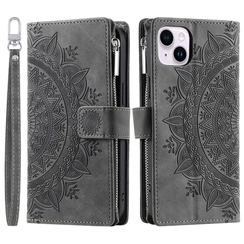 Funda Mandala tipo billetera iPhone 15, gris