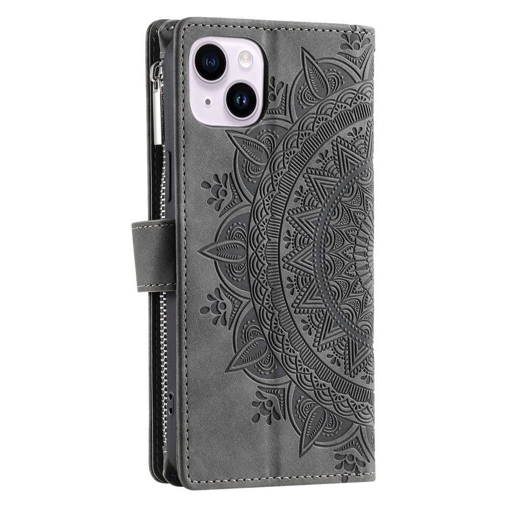 Funda Mandala tipo billetera iPhone 15, gris