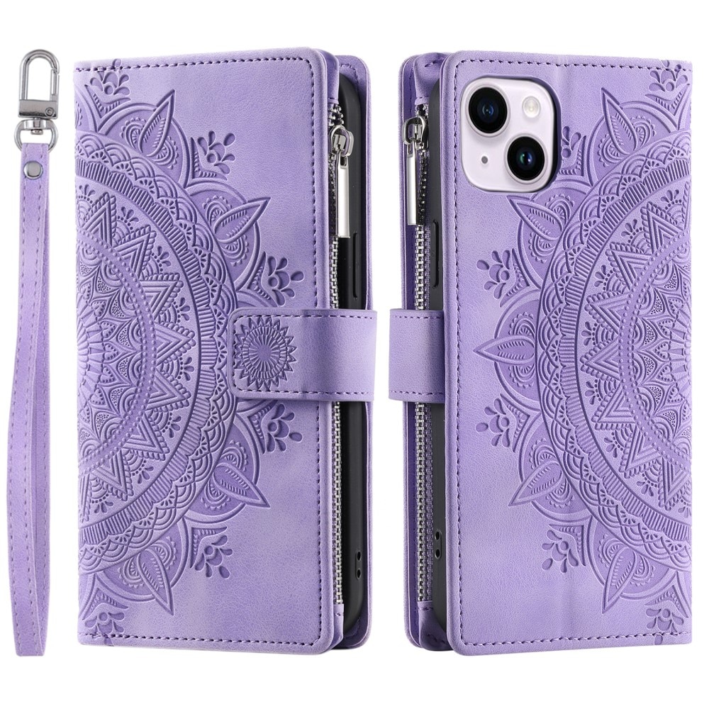 Funda Mandala tipo billetera iPhone 15, violeta