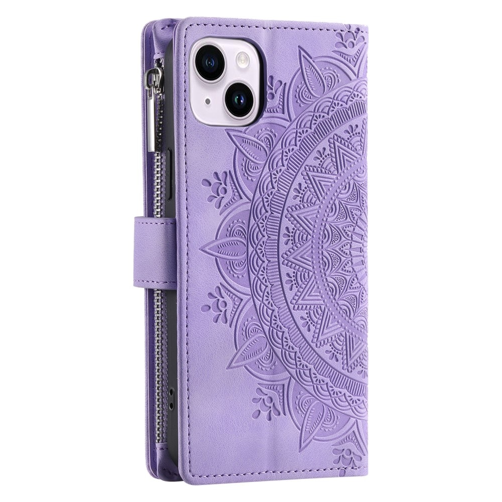 Funda Mandala tipo billetera iPhone 15, violeta