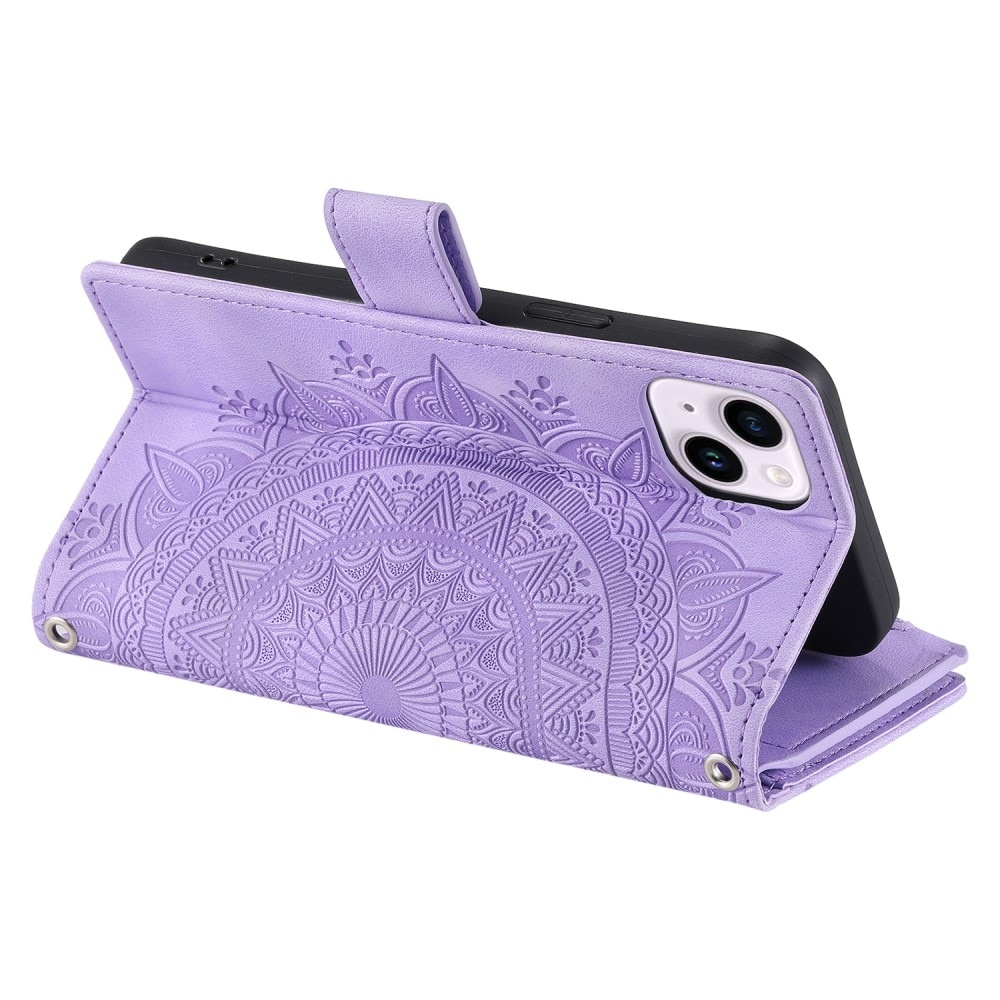 Funda Mandala tipo billetera iPhone 15, violeta